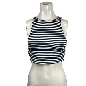 Beach Betty Black White Striped High Neck Zipper Back Bikini Top Small 670091T